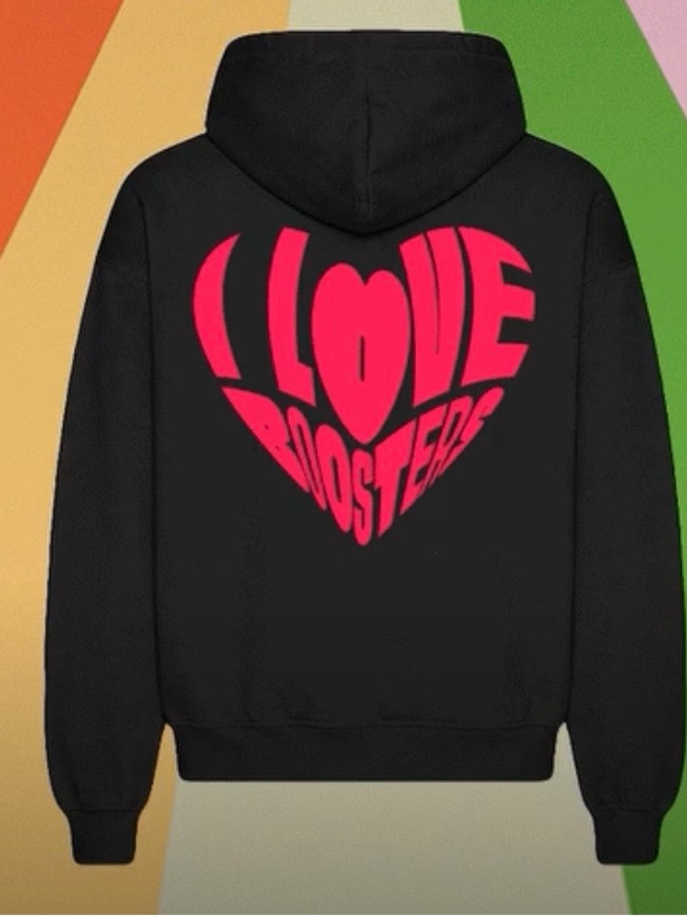 I Love Boosters Black Hoodie with Bold Pink Heart Graphic